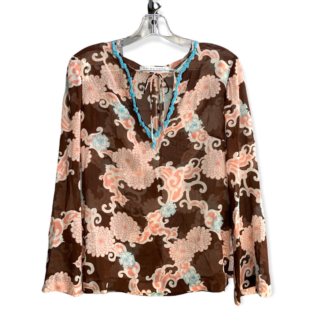 BROWN BLOUSE WITH PINK FLOWERS AND BLUE BEADING